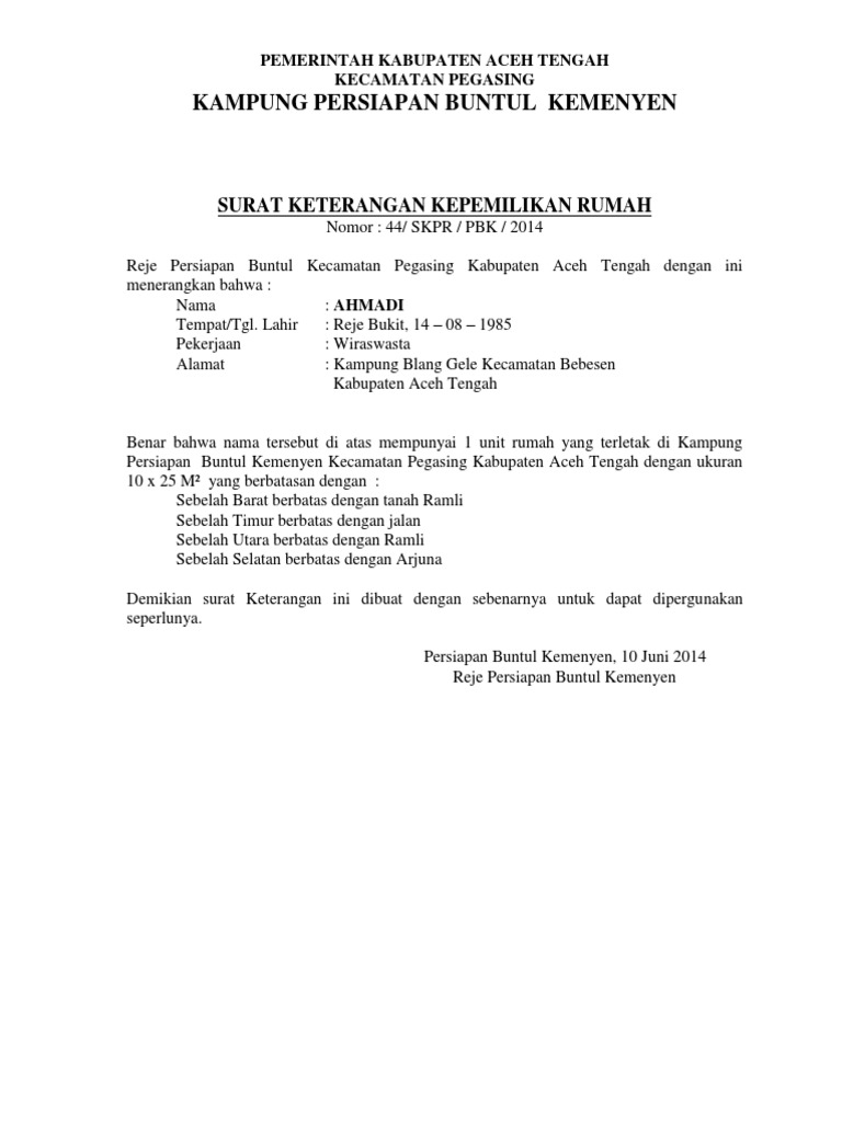 Surat Keterangan Kepemilikan Rumah