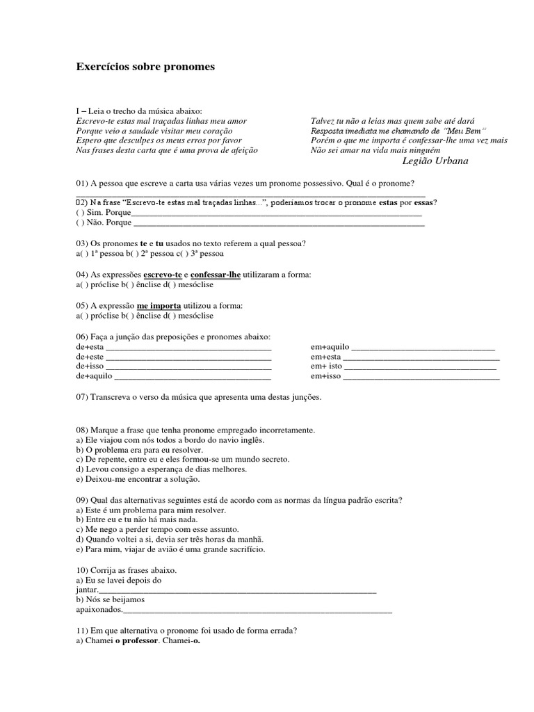 Exercícios sobre Pronomes | PDF | Pronome | Linguística