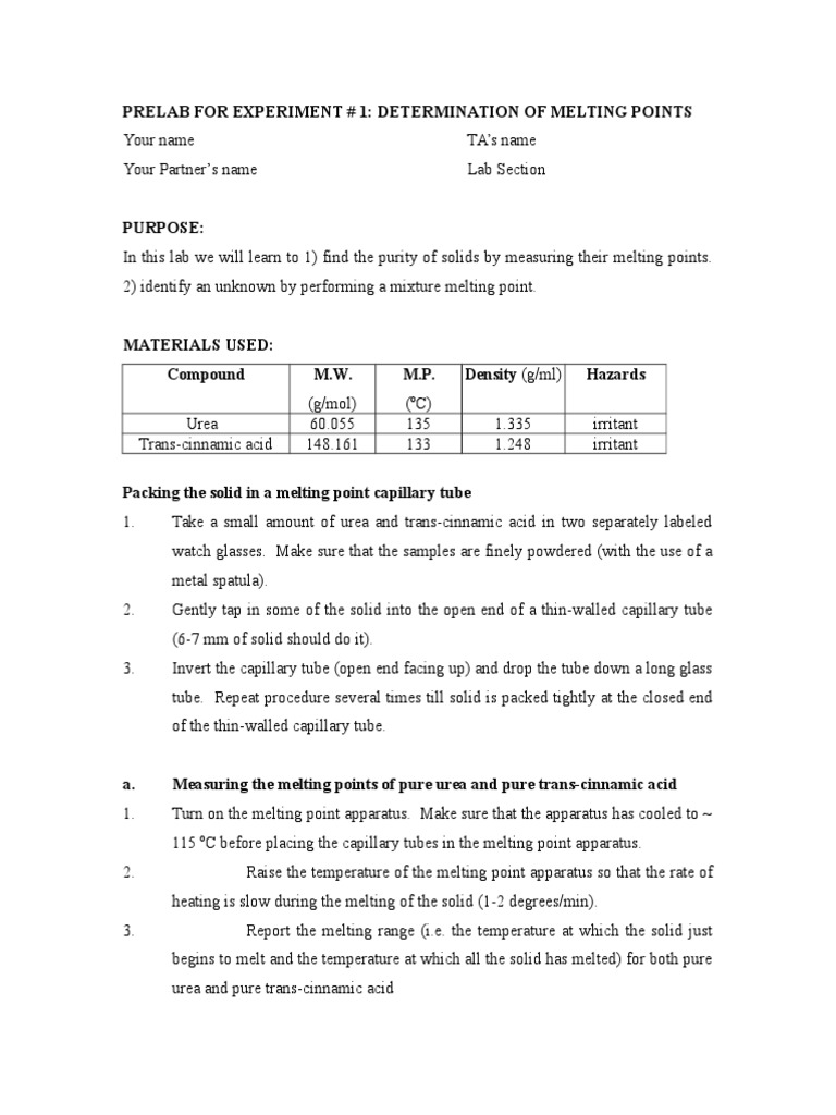 Expt1 Pre Lab | Download Free PDF | Melting Point | Solid
