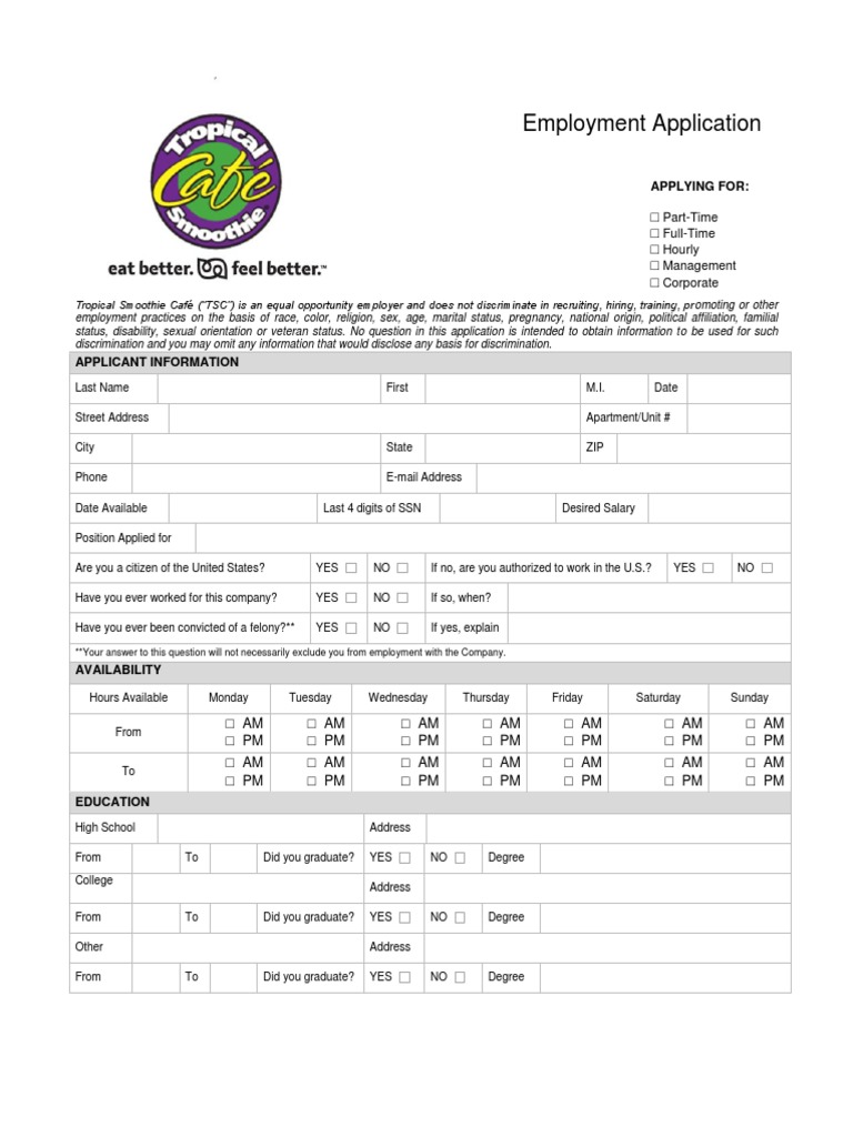 Tropical Smoothie Cafe Employment Application Salary