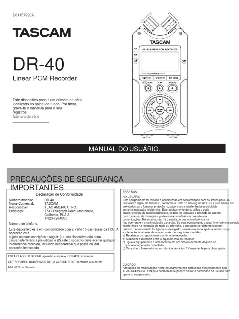 Manual Do Gravador Tascam DR40 em Português PDF PDF Cádmio Chumbo