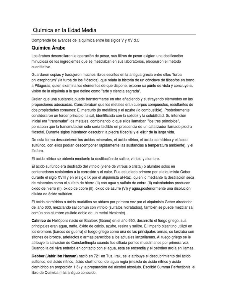Química en La Edad Media PDF Alquimia Ácido sulfúrico