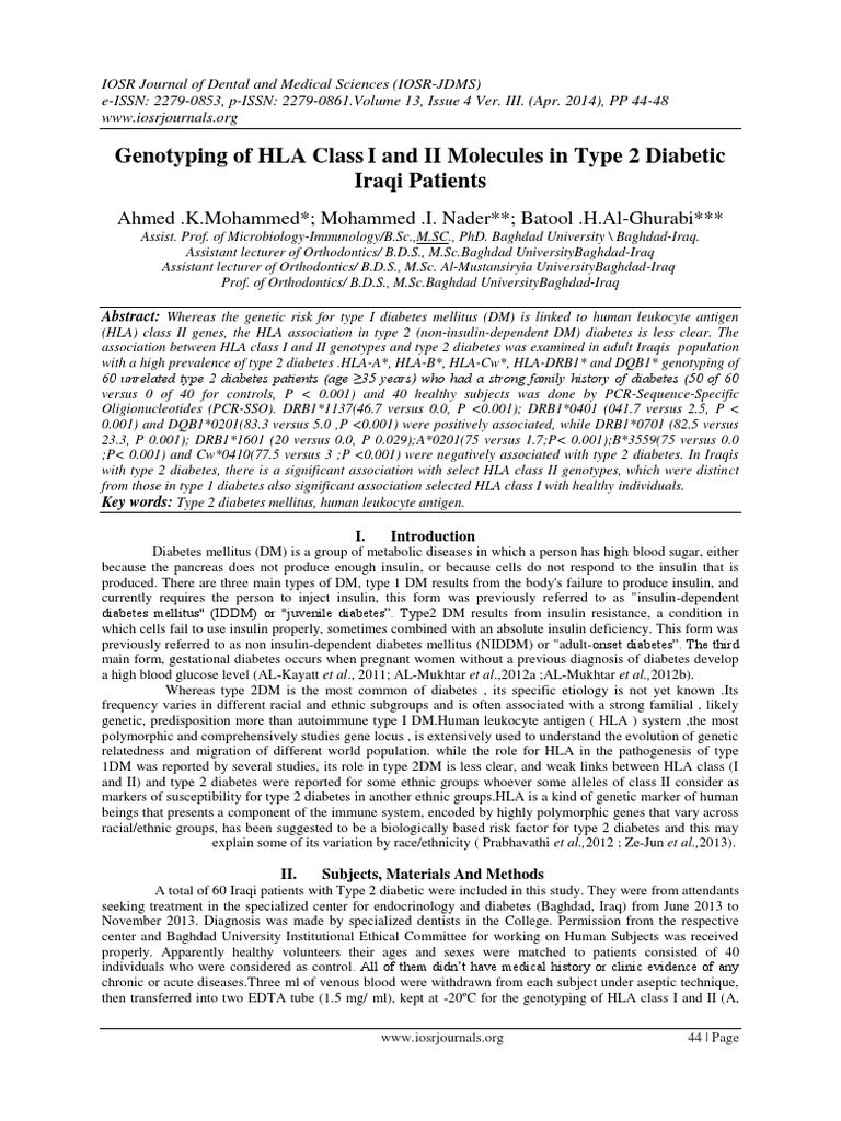 Genotyping of HLA Class I and II Molecules in Type 2 Diabetic Iraqi