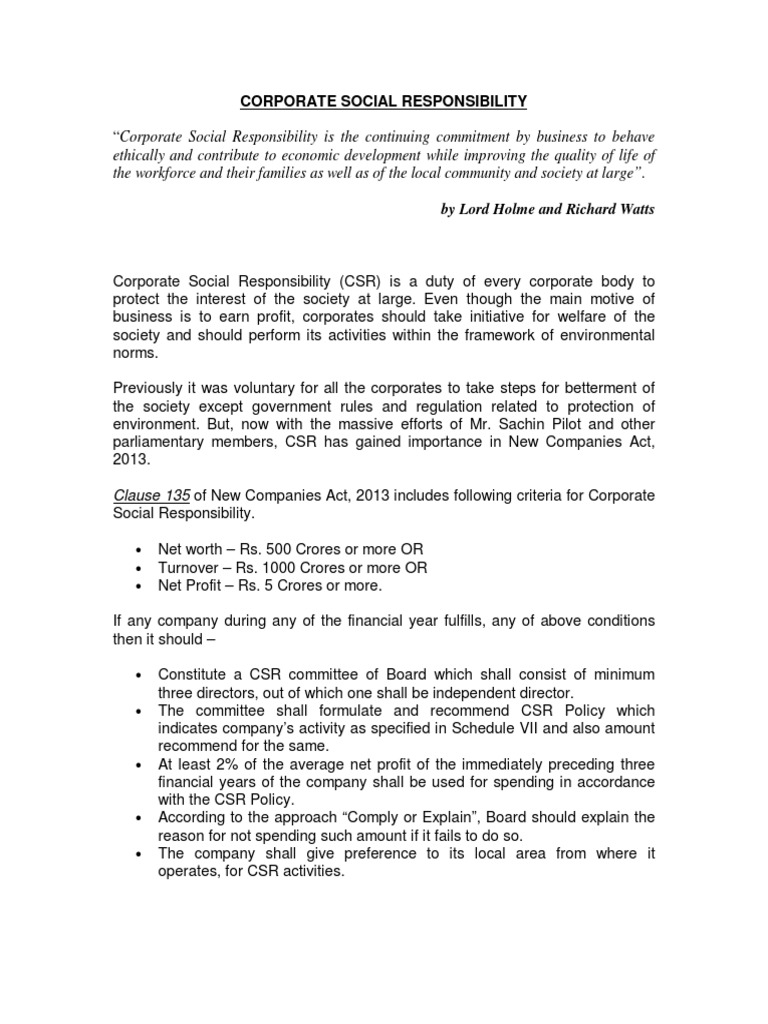 CSR Framework Under New Companies Act | PDF | Corporate Social ...