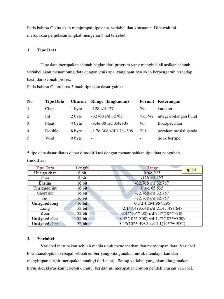 Tipe Data dan Variabel dalam C | PDF | Komputer