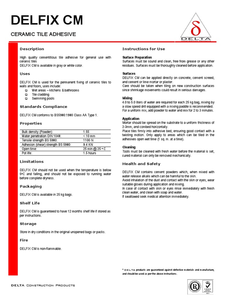 DELFIX CM Adhesive | PDF | Tile | Adhesive
