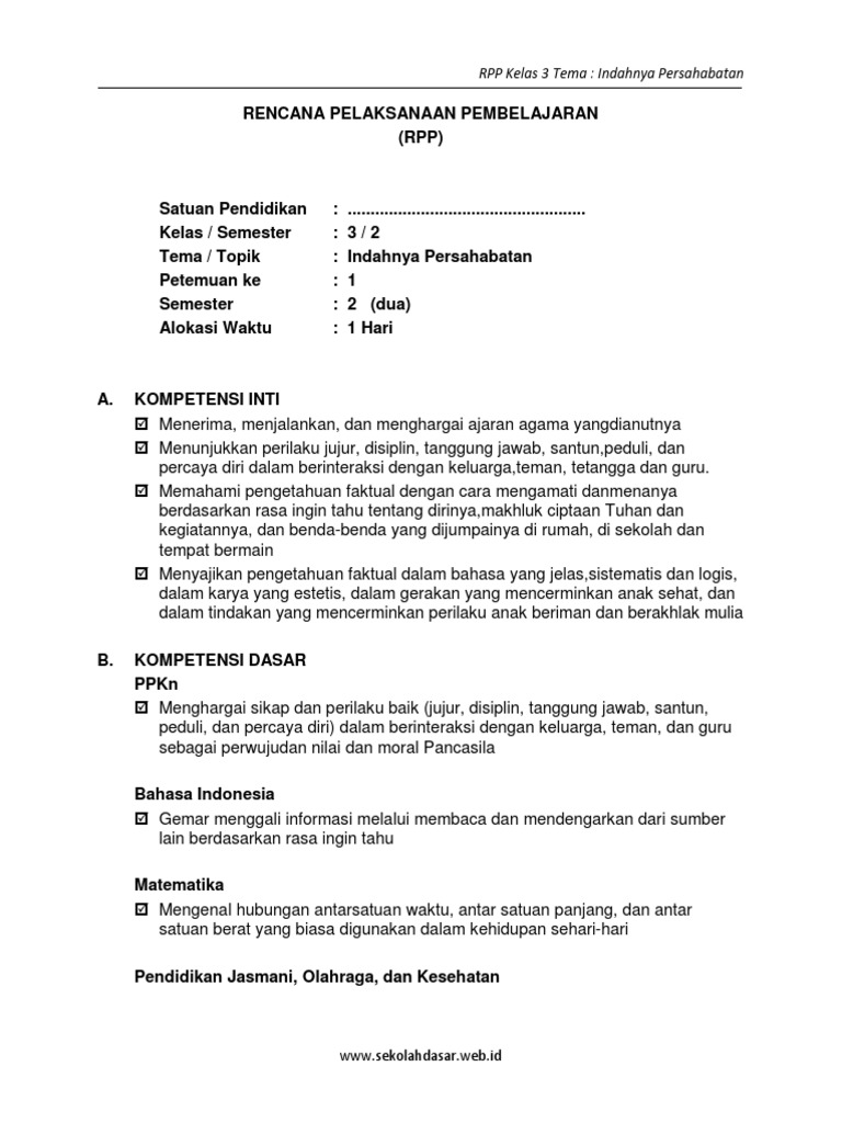 Contoh Rpp Tematik Kelas 3 Mi Semester 2 Rpp 1 Lembar Massalam Com Riset