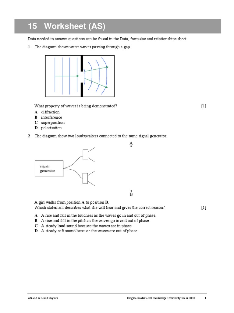 Worksheet 15 Pdf Interference Wave Propagation Diffraction