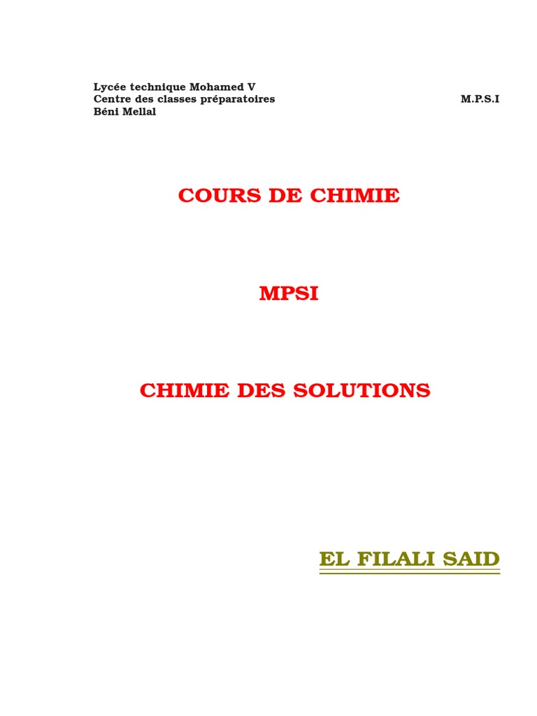 Chimie Des Solutions Mpsi PDF | PDF | Réaction d'oxydoréduction | Acide
