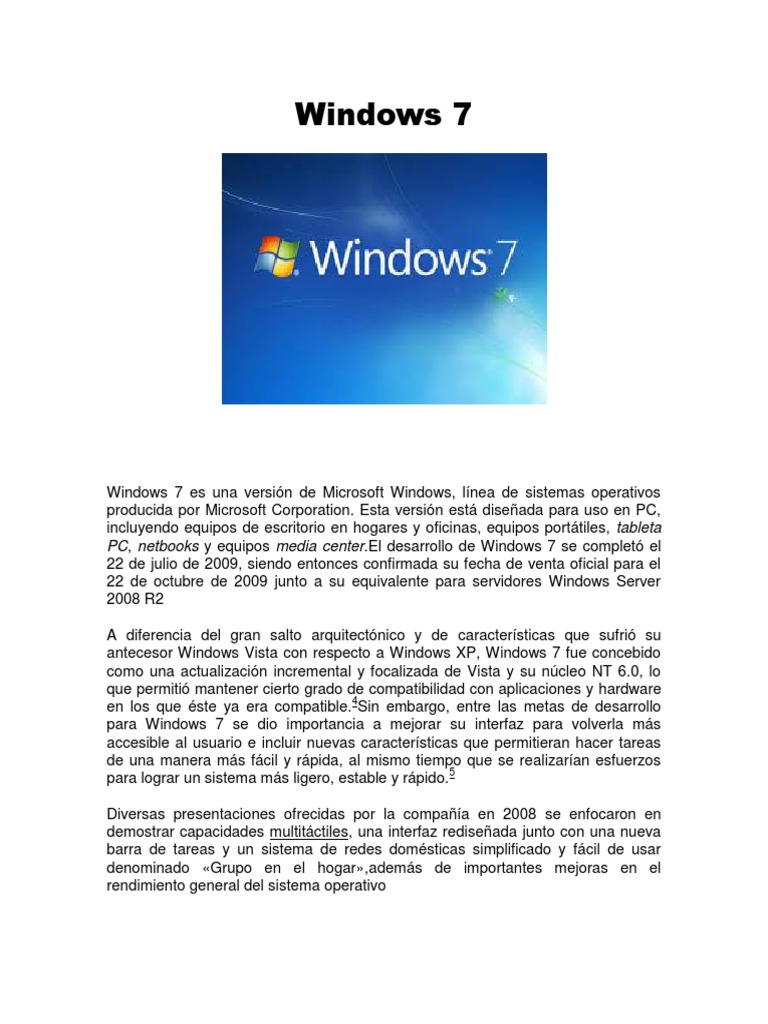 Windows 7: Características y Ediciones | PDF | Windows 7 | Computadoras ...