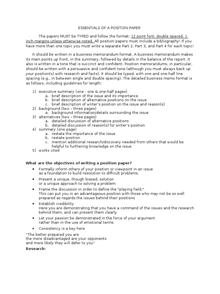 Position Paper Format | Memorandum | Argument