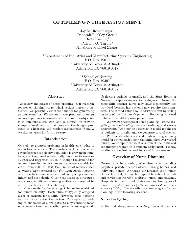 Nurse Assignment Optimization Strategies | PDF | Nursing | Patient