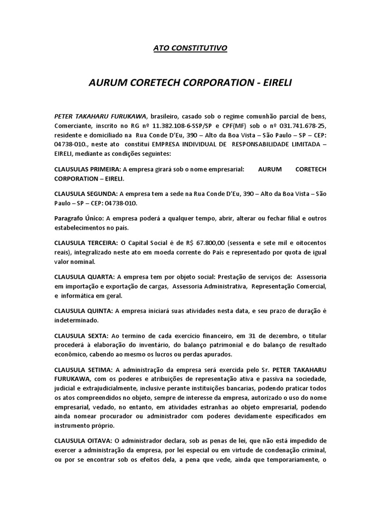 Ato Constitutivo Da Empresa Eireli | PDF | São Paulo | Balancete