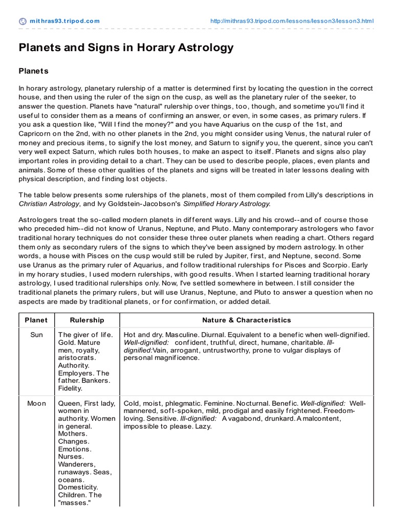 Planets and Signs in Horary Astrology | PDF | Astrological Sign ...