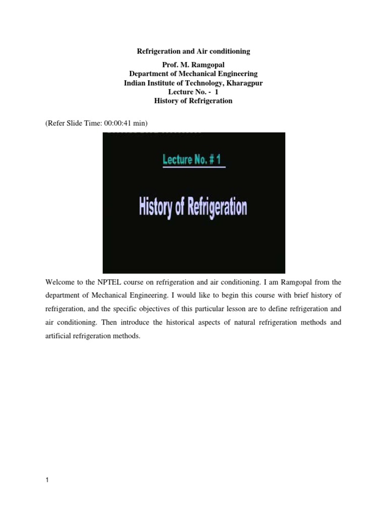 Refrigeration and Air Conditioning Lecture 01 Nptel PDF Air Conditioning Refrigeration