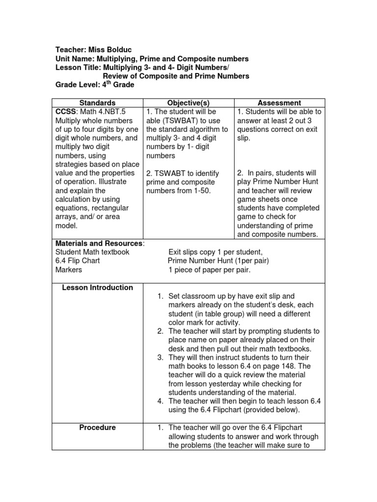 Prime and Composite Numbers Lesson Plan | PDF | Prime Number | Teachers