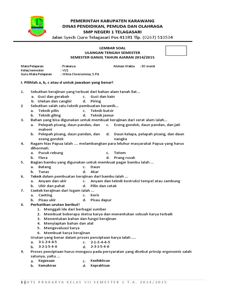 Contoh Soal Prakarya  Kelas  9  Semester  1  Dan Kunci Jawaban 