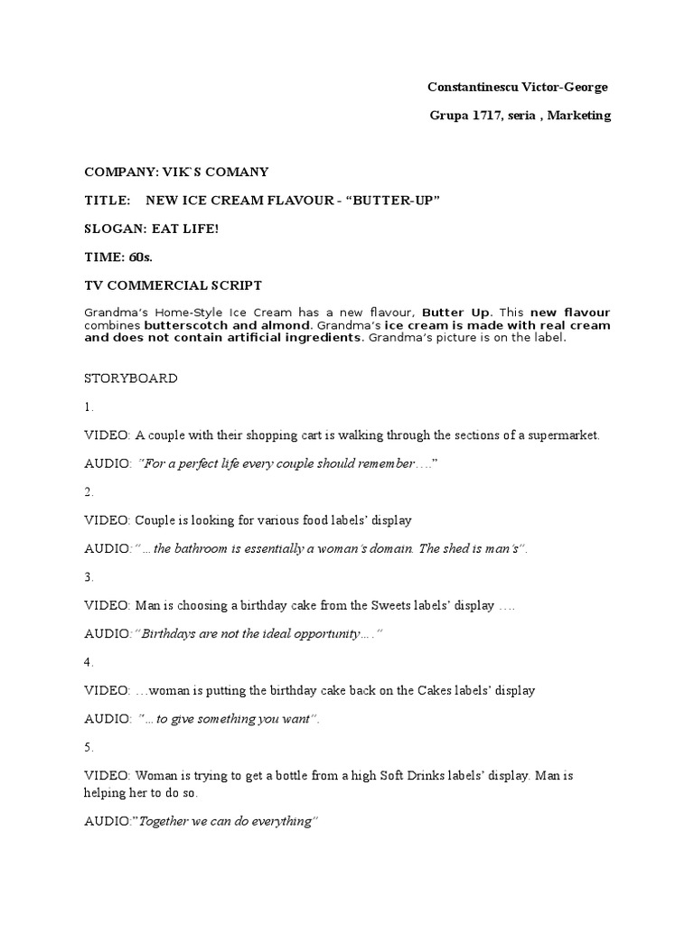 Ice Cream Commercial Script: Butter-Up | PDF | Desserts | Foods