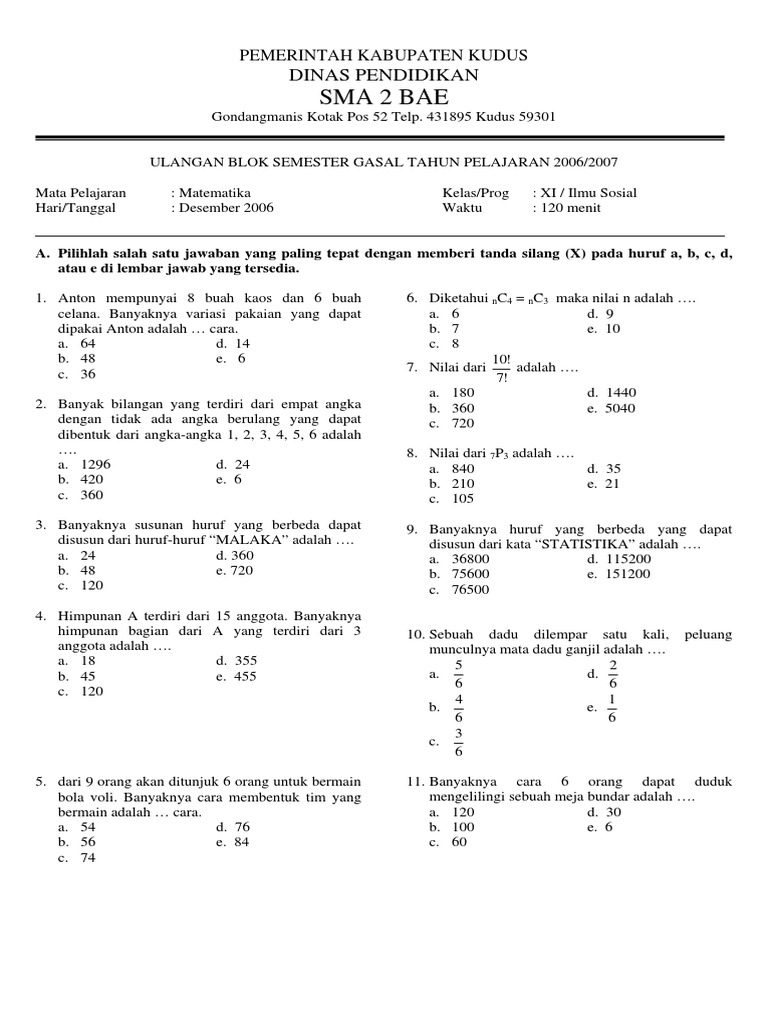 Soal Matematika SMA Kelas XI IPS