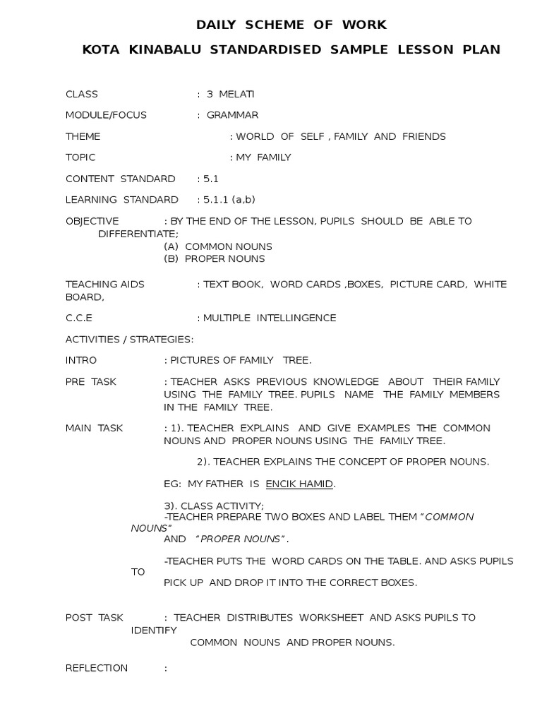 Daily Scheme of Work Kota Kinabalu Standardised Sample Lesson Plan | PDF