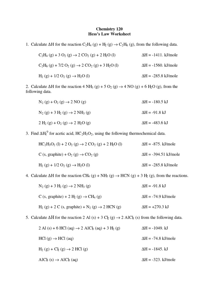 Hess's Law Worksheet PDF Hydrogen Oxygen