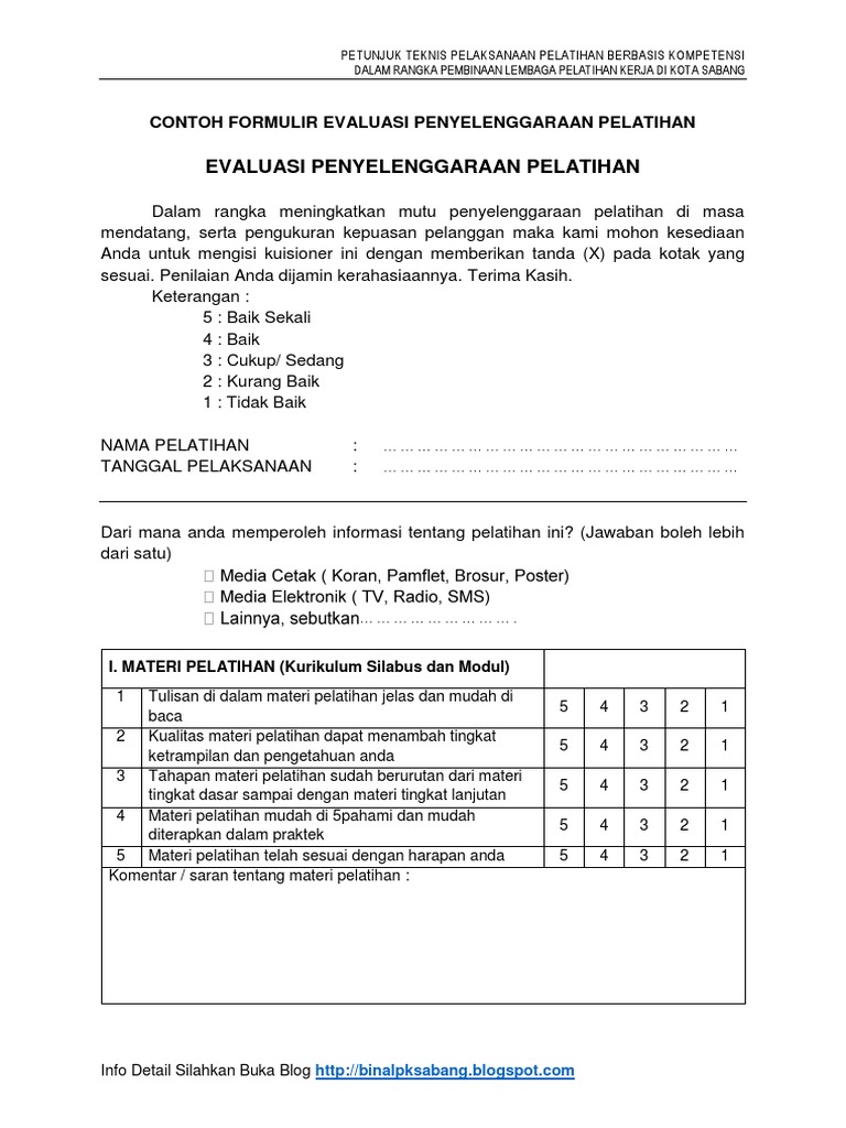 Format Contoh Formulir Evaluasi Penyelenggaraan Pelatihan Pdf