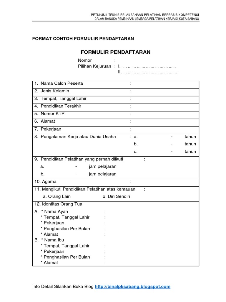 Contoh Formulir Pendaftaran Pelatihan Berbasis Kompetensi Pdf Pdf