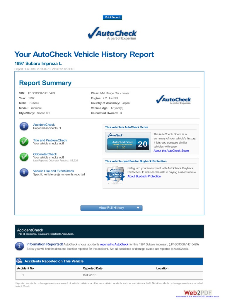 Autocheck VIN Score Example Report | PDF | Department Of Motor Vehicles ...