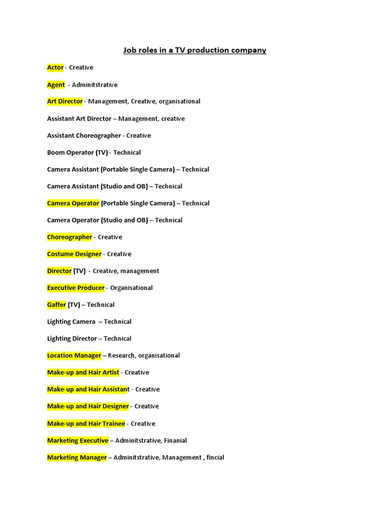 Job Roles in A TV Production Company - Take 1 | PDF | Art | Technology ...