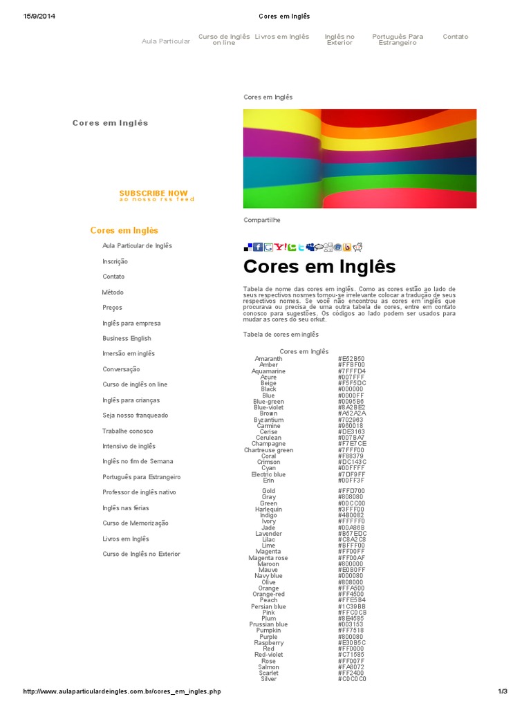 Cores em Inglês.pdf | Vermelho | Espectro Eletromagnético