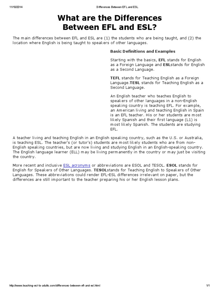 Differences Between EFL and ESL PDF | PDF | Language Arts & Discipline