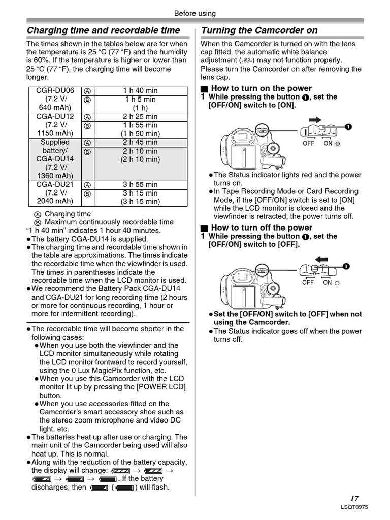 Charging Time and Recordable Time Turning The Camcorder On PDF