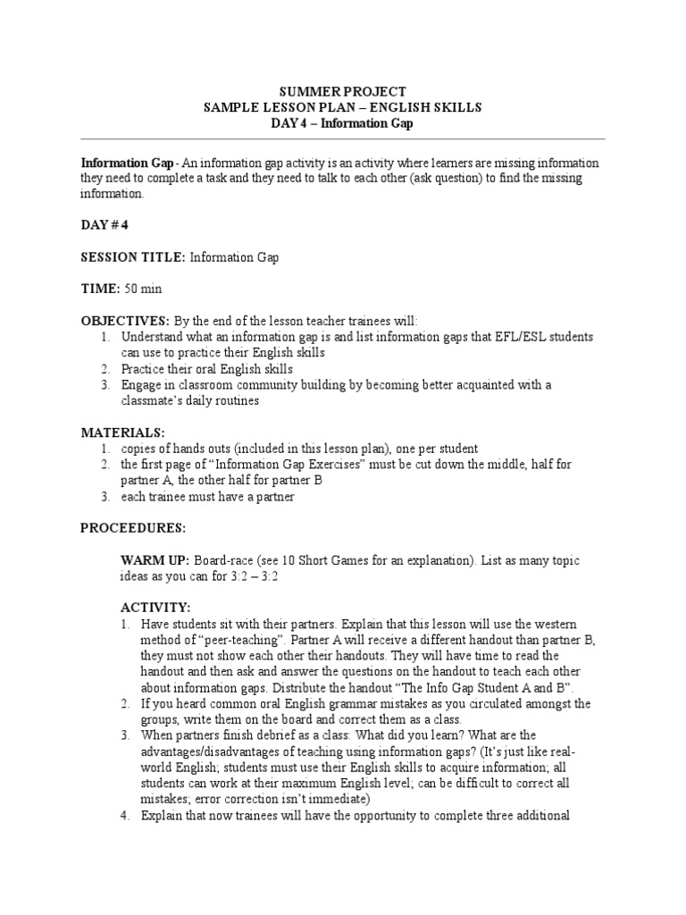 Information Gap Activity Overview | PDF | English As A Second Or ...