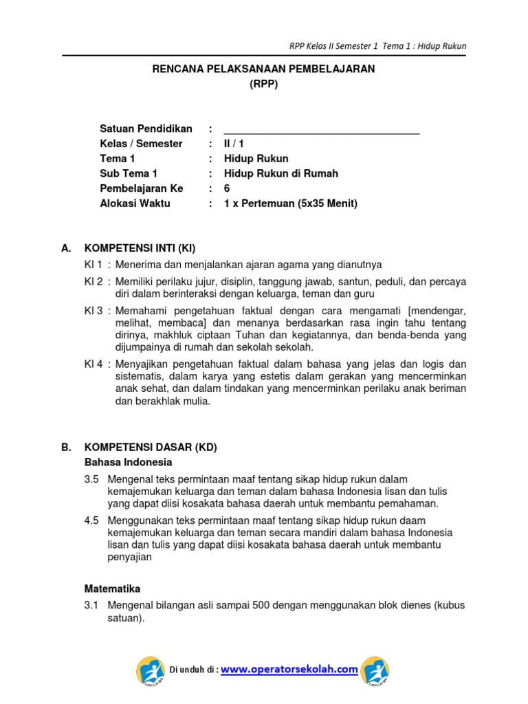 Rpp Kurikulum 2013 Sd Kelas 2 Semester 1 Tema Hidup Rukun