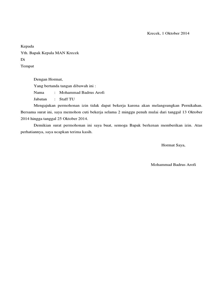 Contoh Surat Cuti Menikah