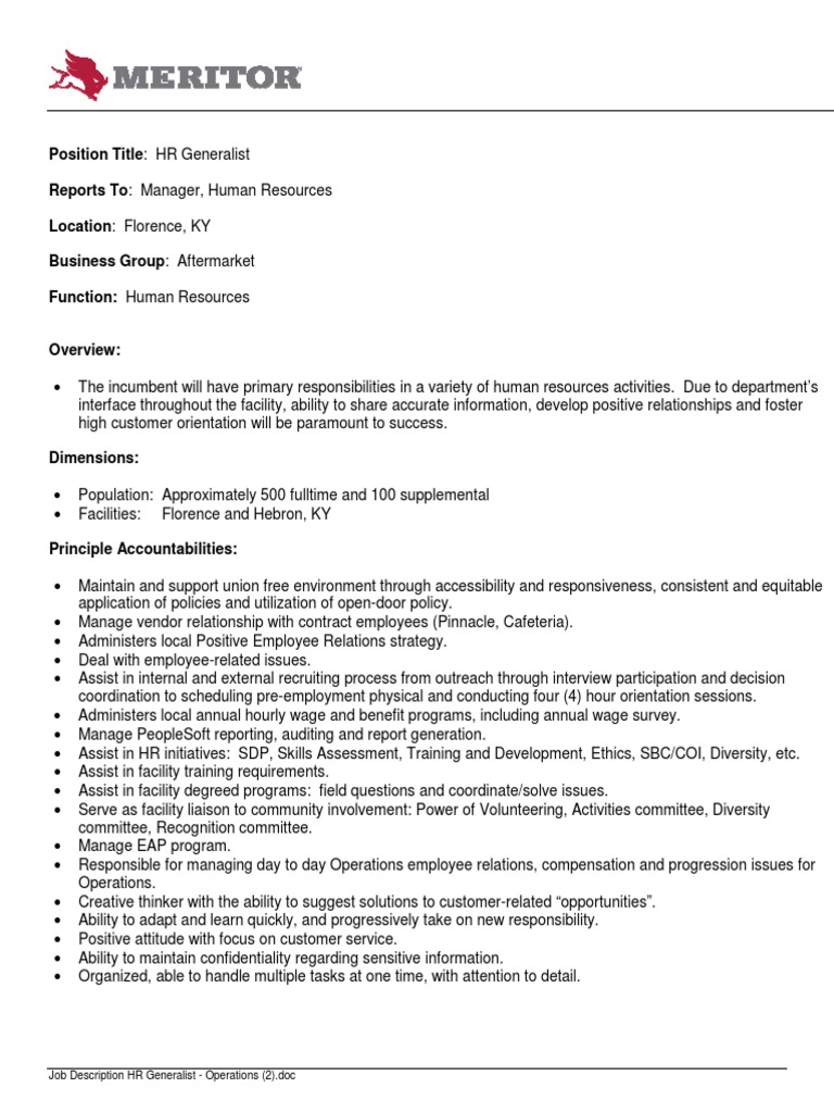 HR Generalist Job Description - Operations | PDF | Employment | Business