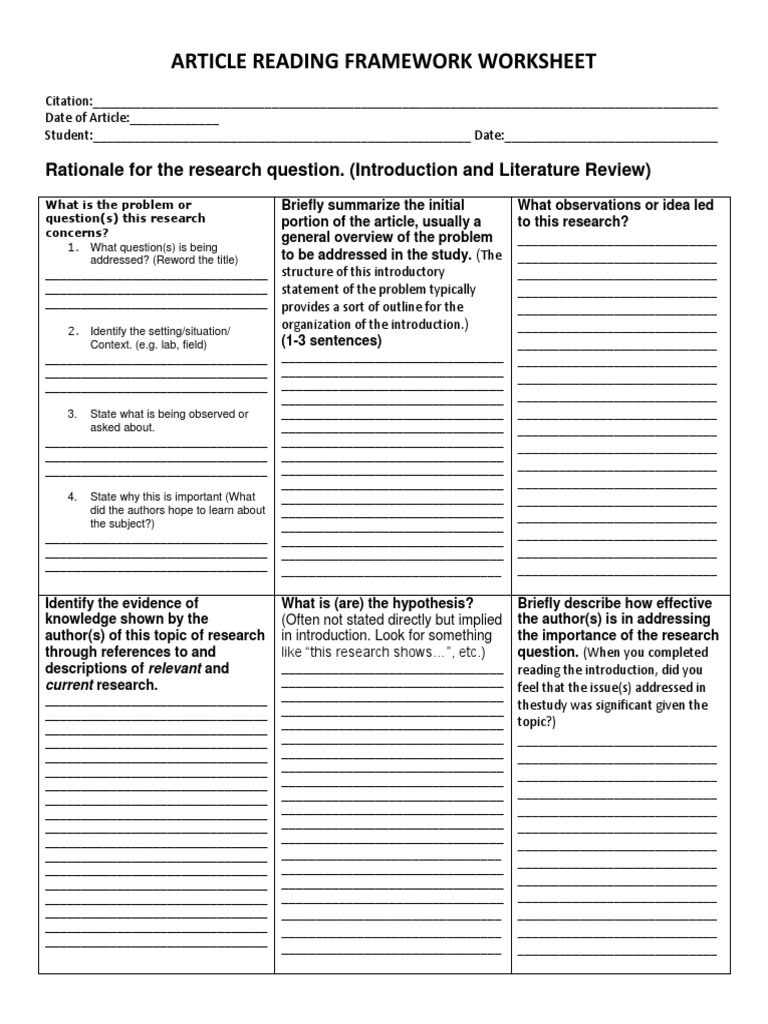 Article Reading Framework Worksheet | PDF | Qualitative Research ...
