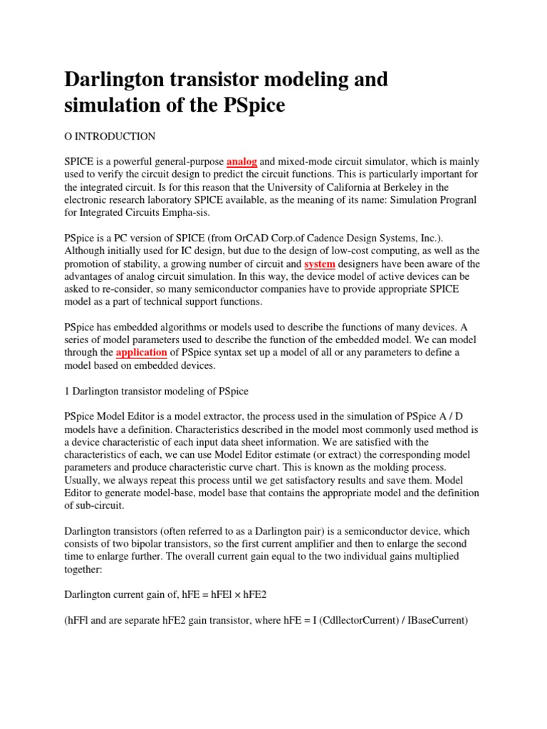 Darlington Transistor Modeling and Simulation of The Pspice Analog PDF Spice Transistor