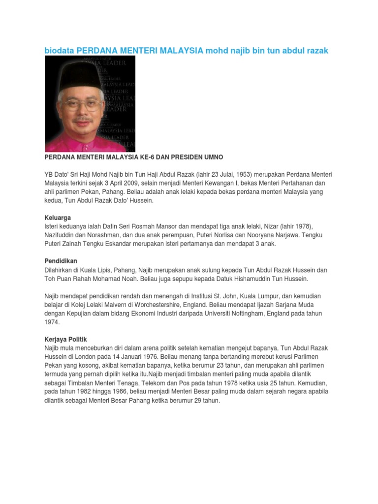 Biodata Perdana Menteri Malaysia Mohd Najib Bin Tun Abdul Razak Pdf