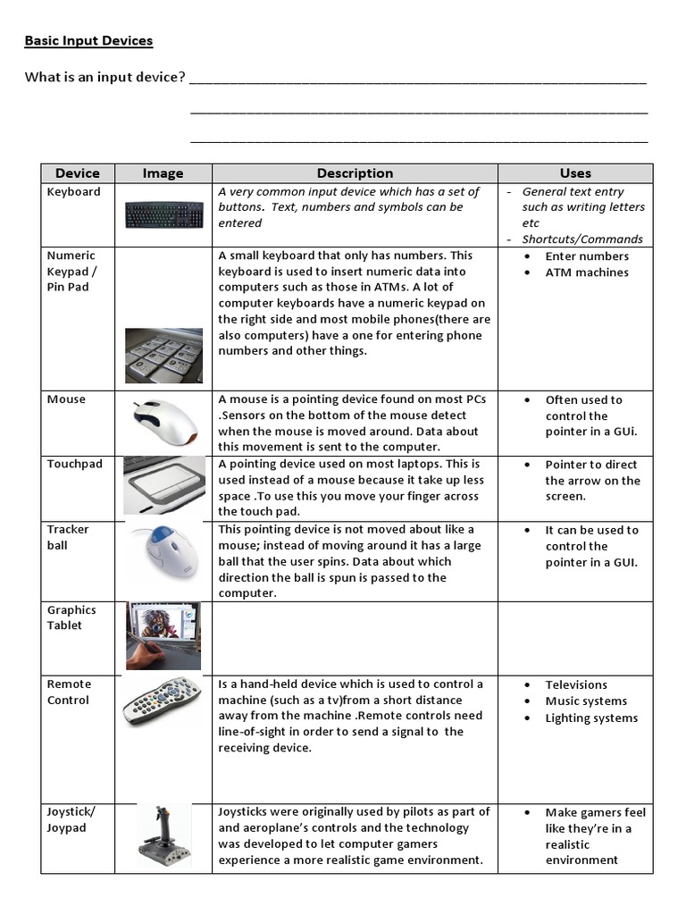basic input devices table Image Scanner Optical Character Recognition