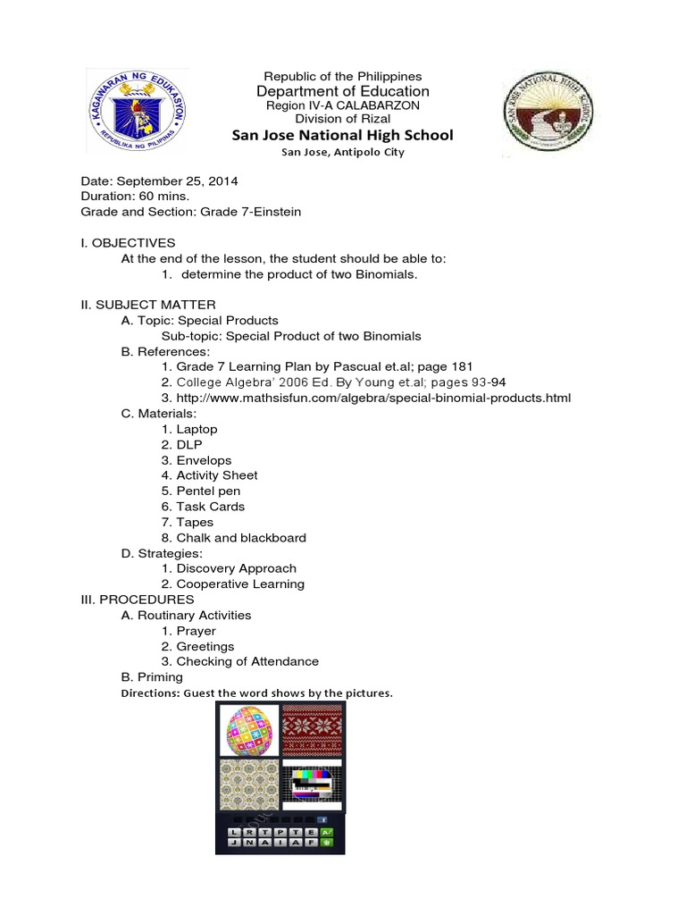 lesson plan in math 7 | Lesson Plan | Algebra