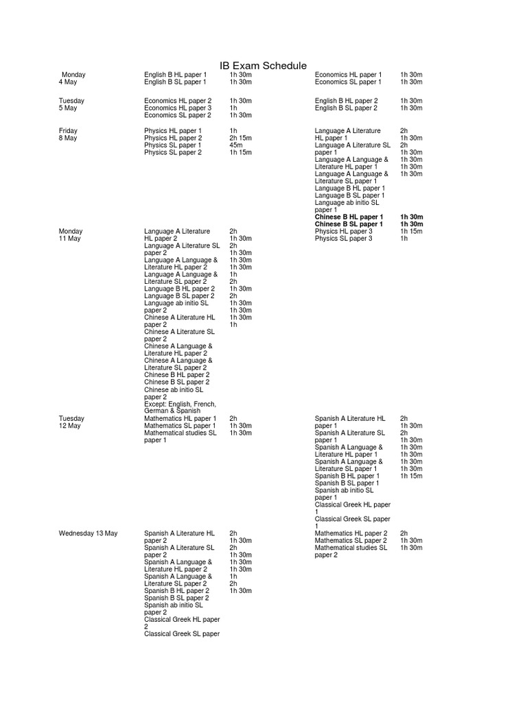 IB Exam Schedule PDF