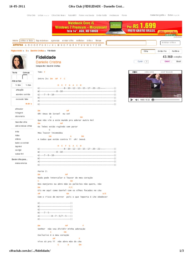 Cifra Club FIDELIDADE Danielle Cristina PDF Lazer Science