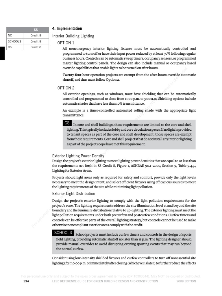 Interior and Exterior Lighting Requirements for Compliance with LEED SS