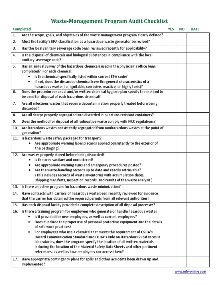WasteManagement Program Audit Checklist PDF Dangerous Goods Hazardous Waste