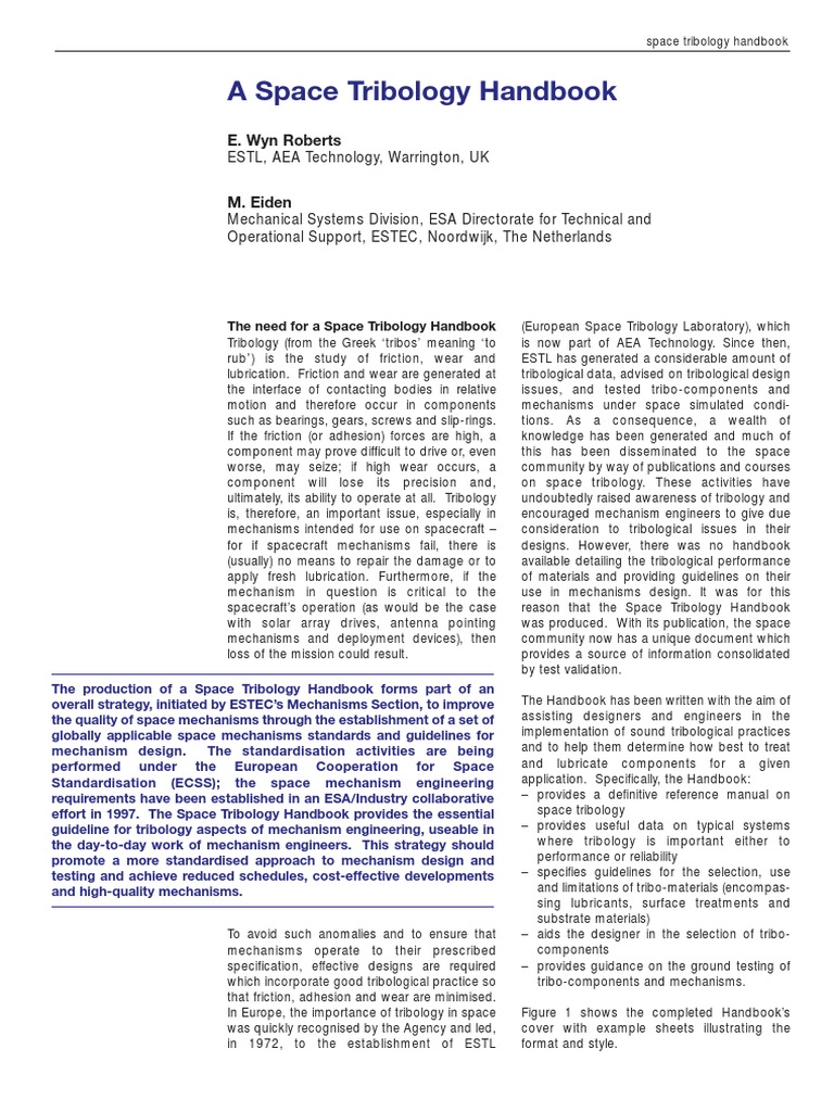 A Space Tribology Handbook ESTL, AEA Technology, Warrington, UK PDF