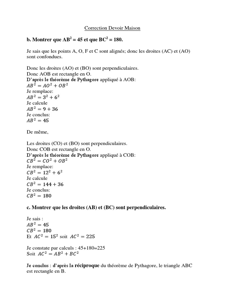 Devoir Maison 4ème Maths Avec Correction 2021 4ème Correction Devoir Maison 11.04 | PDF | Perpendicularité | Triangle