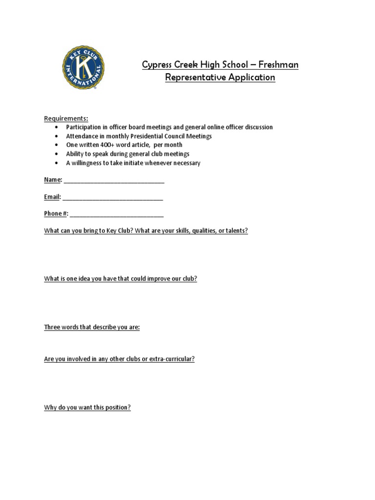 Cypress Creek Key Club Rep Application | PDF