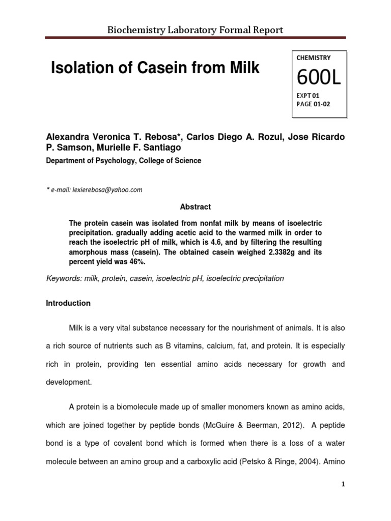Isolation and Hydrolysis of Casein From Milk PDF Milk Proteins