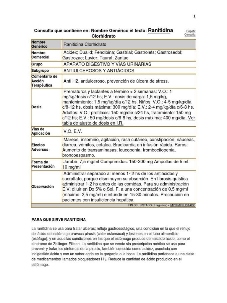 Ranitidina: Usos, Dosis y Efectos Adversos | PDF | Rtt | Drogas